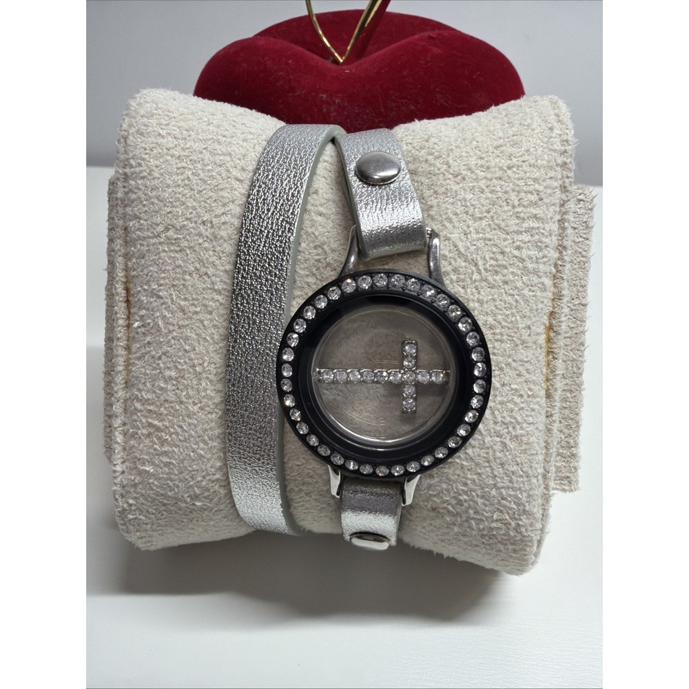 Origami Owl Silver 14" Leather Wrap Bracelet Crystal Cross Locket Charm